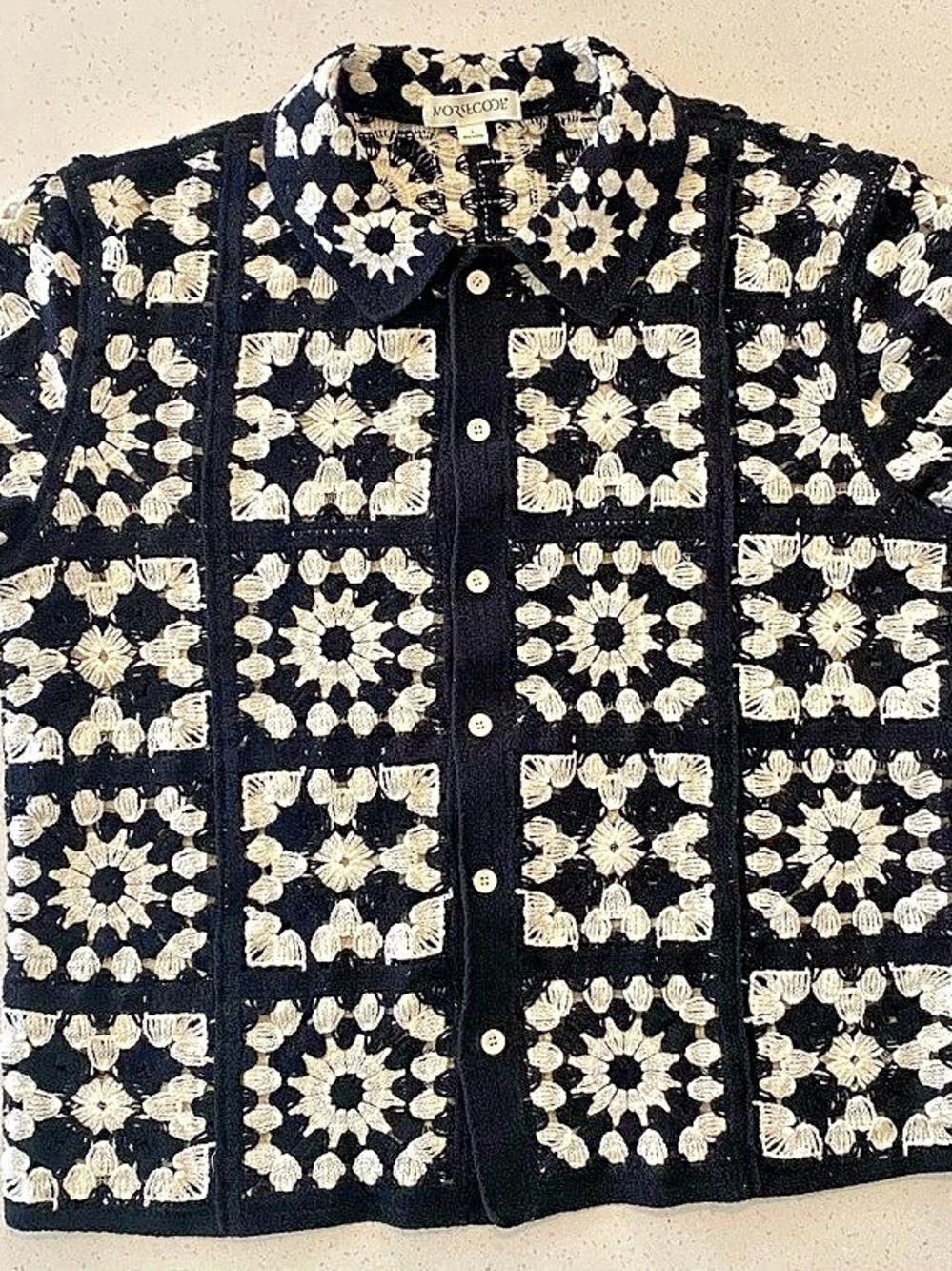 MORSE CODE Black & Cream Geometric Knit Cardigan